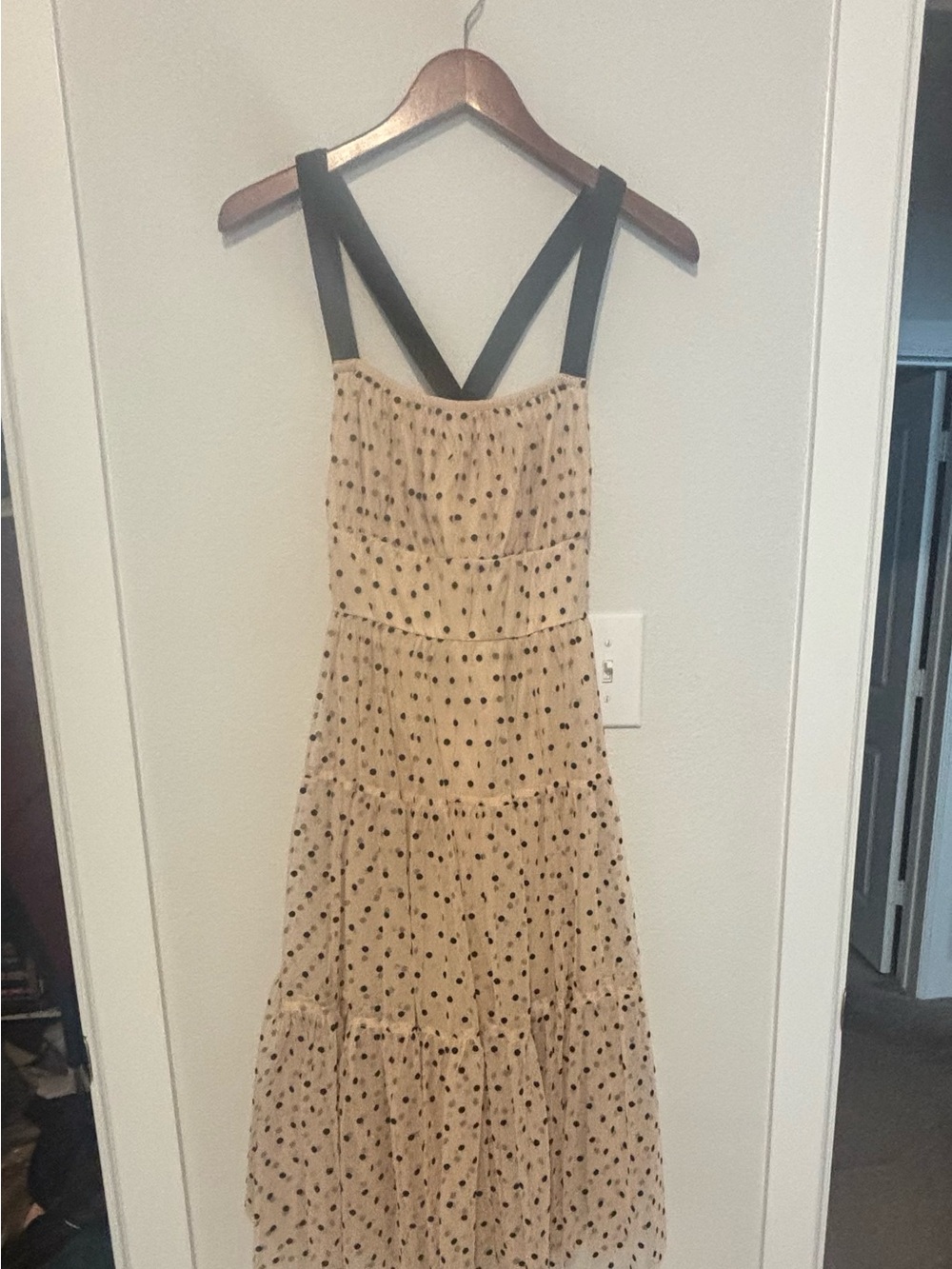 Beige Polka Dot below knee with Black Straps dress.
